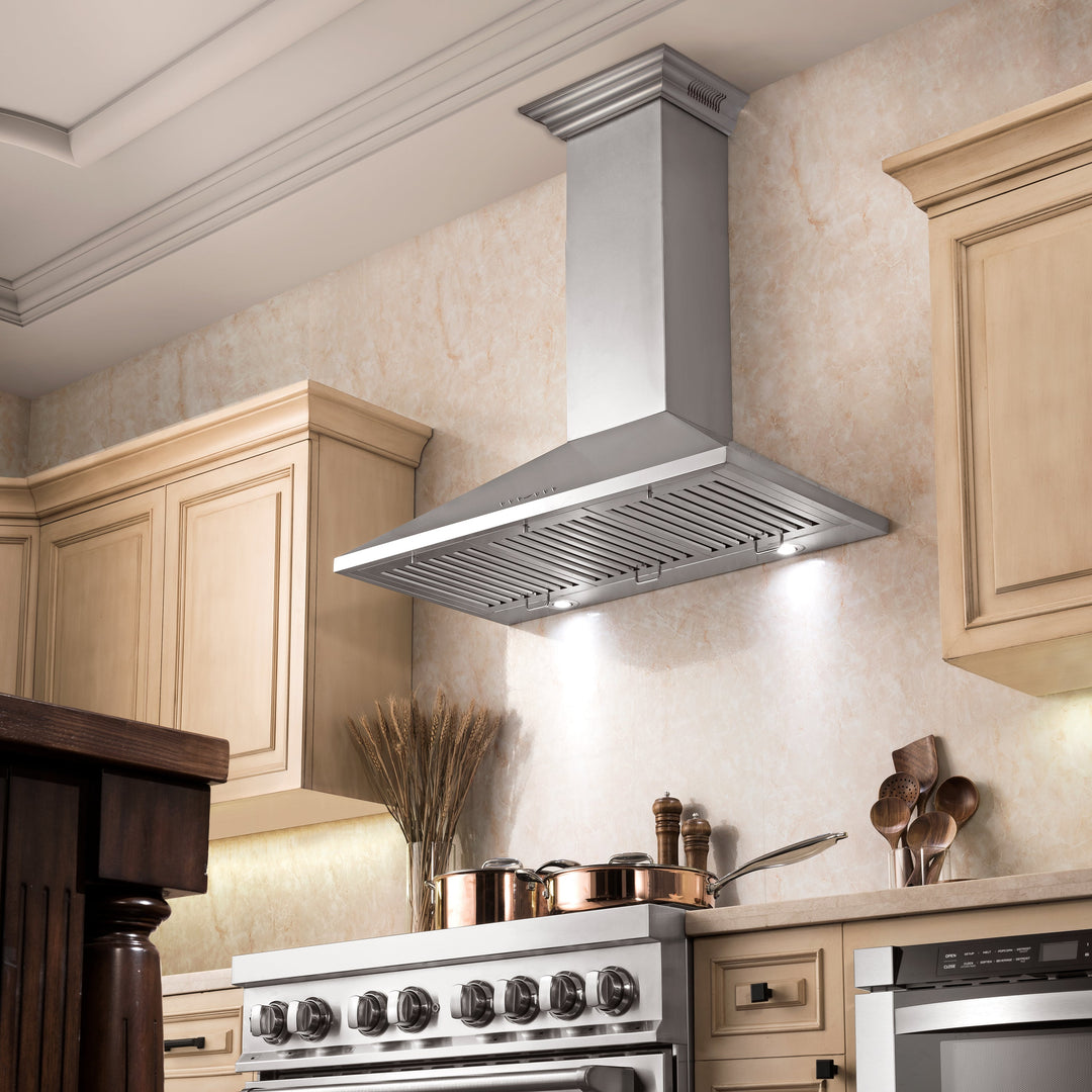 48" ZLINE CrownSoundâ„¢Ducted Vent Wall Mount Range Hood in Stainless Steel with Built-in Bluetooth Speakers (KL2CRN-BT-48)