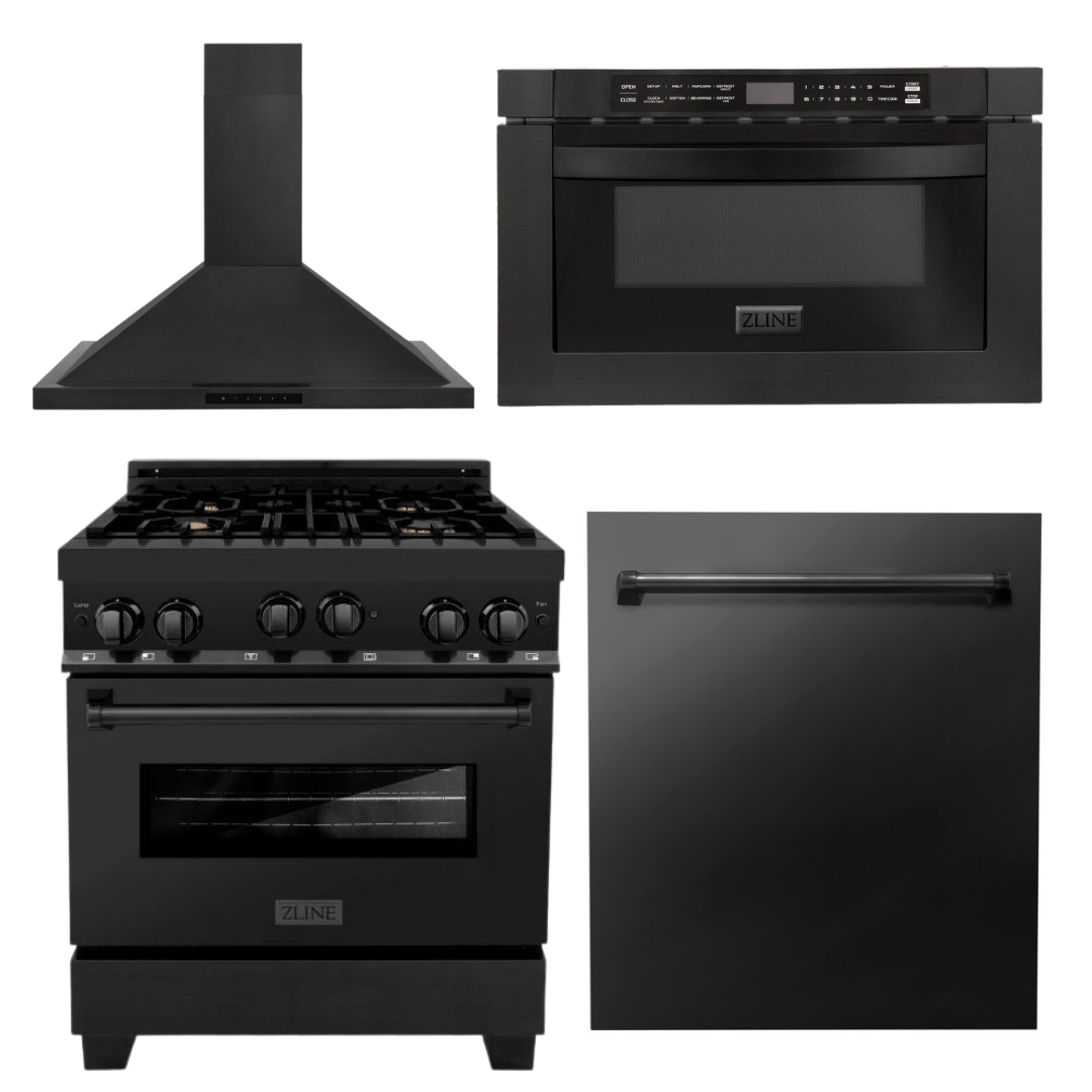 ZLINE 30 in. Kitchen Appliance Package with Black Stainless Steel Gas Range, Range Hood, Microwave Drawer and Dishwasher, 4KP-SGRBRH30-MWDW