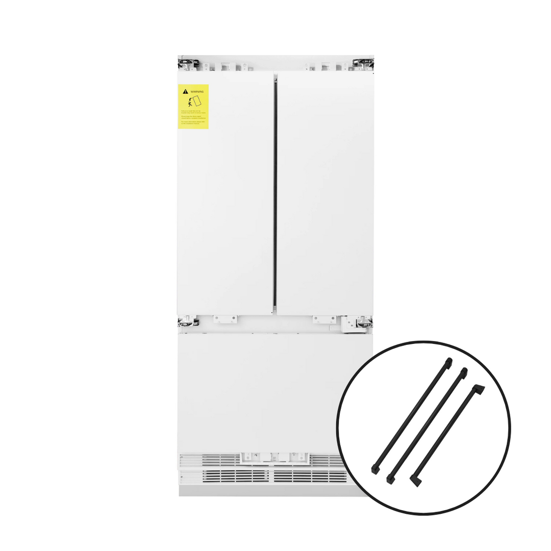 ZLINE Autograph 36&quot; 19.6 cu. ft. Panel Ready Built-in 3-Door French Door Refrigerator with Internal Water and Ice Dispenser with Black Matte Handles, RBIVZ-36-MB