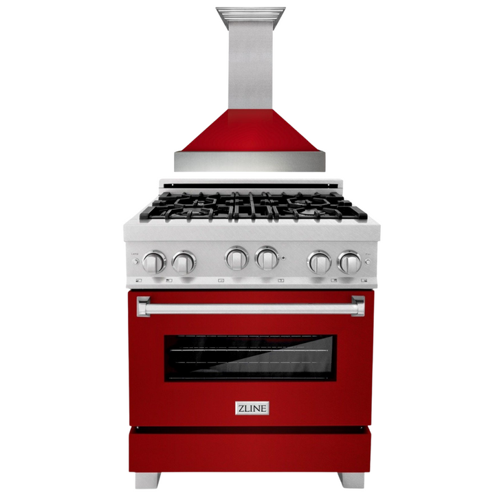 ZLINE 30" Professional Gas Range in DuraSnow® with Red Gloss Door & 30" Range Hood Appliance Package, 2KP-RGSRGRH30