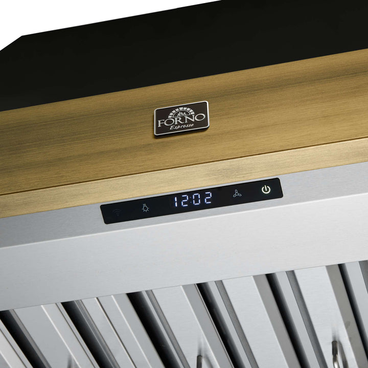 Forno Vittorio 36-Inch Wall Mount Range Hood, Black with Antique Brass Trim, 424 CFM Airflow, Dishwasher-Safe Baffle Filters, Remote Control, 3-Speed Fan, Bright LED Lighting.