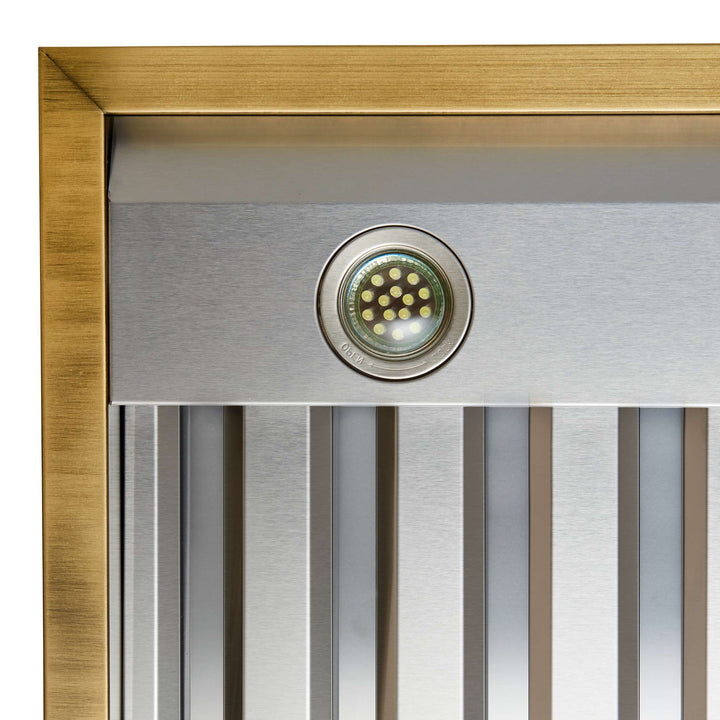 Forno Vittorio 48-Inch Wall Mount Range Hood, Black with Antique Brass Trim, 424 CFM Airflow, Dishwasher-Safe Baffle Filters, Remote Control, 3-Speed Fan, Bright LED Lighting.