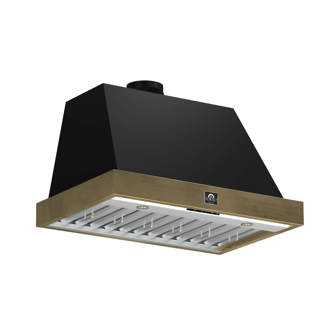Forno Vittorio 36-Inch Wall Mount Range Hood, Black with Antique Brass Trim, 424 CFM Airflow, Dishwasher-Safe Baffle Filters, Remote Control, 3-Speed Fan, Bright LED Lighting.