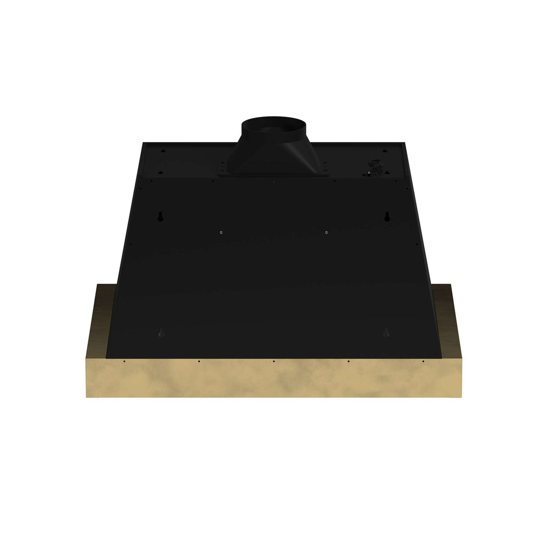 Forno Vittorio 36-Inch Wall Mount Range Hood, Black with Antique Brass Trim, 424 CFM Airflow, Dishwasher-Safe Baffle Filters, Remote Control, 3-Speed Fan, Bright LED Lighting.