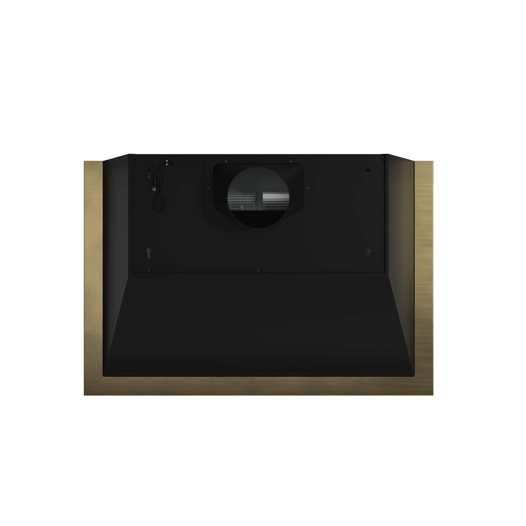 Forno Vittorio 36-Inch Wall Mount Range Hood, Black with Antique Brass Trim, 424 CFM Airflow, Dishwasher-Safe Baffle Filters, Remote Control, 3-Speed Fan, Bright LED Lighting.