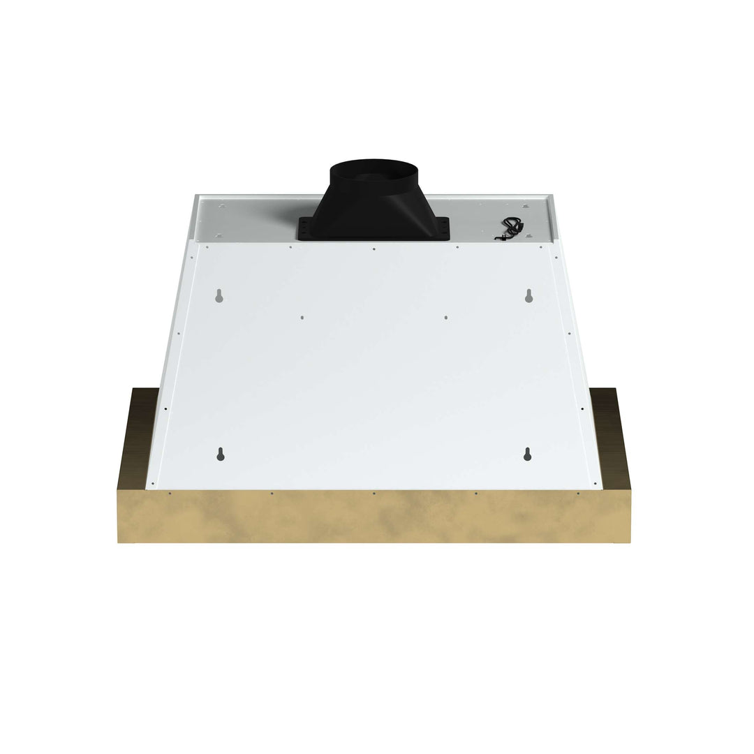 Forno Vittorio 36-Inch Wall Mount Range Hood, White with Antique Brass Trim, 424 CFM Airflow, Dishwasher-Safe Baffle Filters, Remote Control, 3-Speed Fan, Bright LED Lighting.