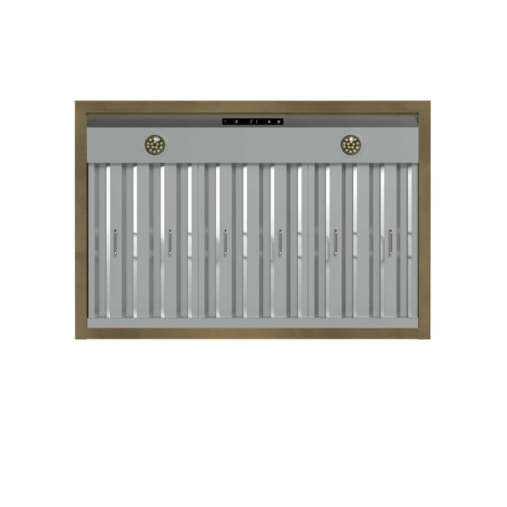 Forno Vittorio 36-Inch Wall Mount Range Hood, White with Antique Brass Trim, 424 CFM Airflow, Dishwasher-Safe Baffle Filters, Remote Control, 3-Speed Fan, Bright LED Lighting.