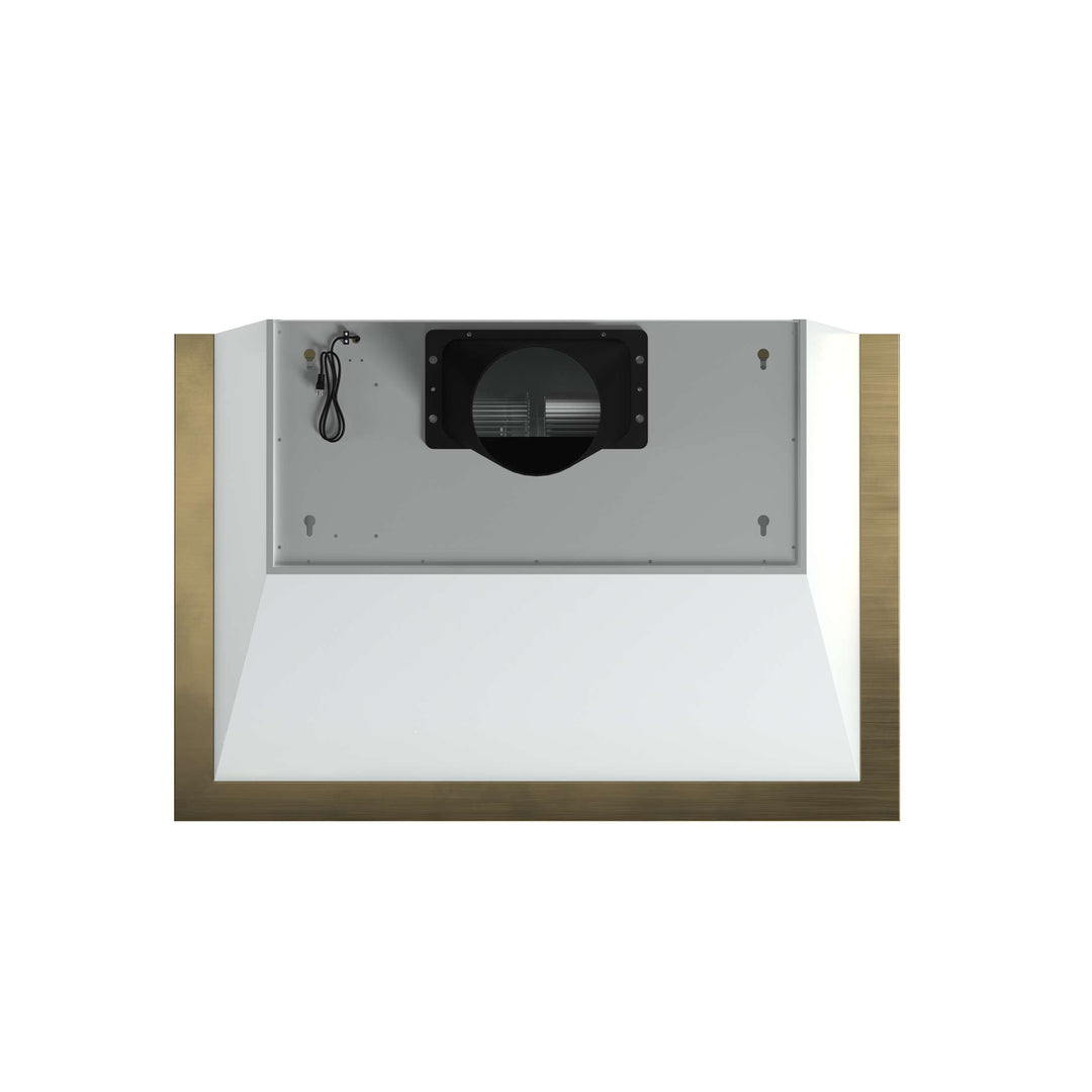 Forno Vittorio 36-Inch Wall Mount Range Hood, White with Antique Brass Trim, 424 CFM Airflow, Dishwasher-Safe Baffle Filters, Remote Control, 3-Speed Fan, Bright LED Lighting.