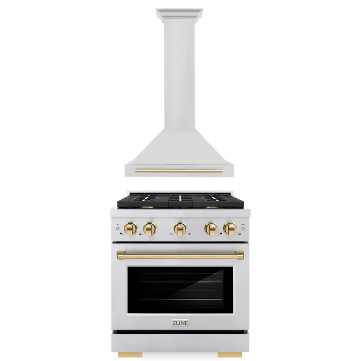 ZLINE Autograph Package - 30 In. Gas Range, Range Hood in Stainless Steel with Gold Accents, 2AKP-RGRH30-G