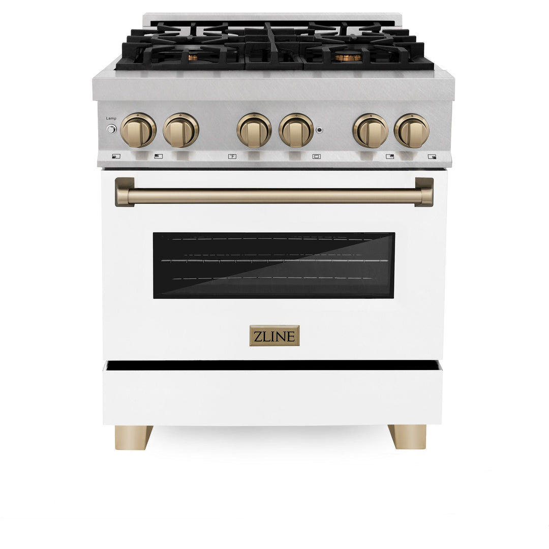 ZLINE 30 Inch Autograph Edition Dual Fuel Range in DuraSnow® Stainless Steel with White Matte Door and Champagne Bronze Accents, RASZ-WM-30-CB