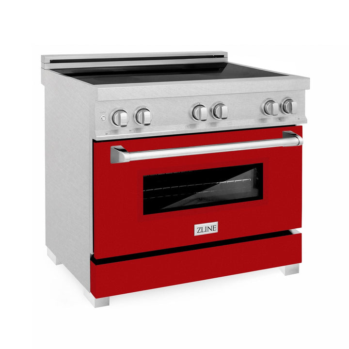 ZLINE 36 In. 4.6 cu. ft. Induction Range with a 4 Element Stove and Electric Oven in Durasnow and Red Gloss, RAINDS-RG-36
