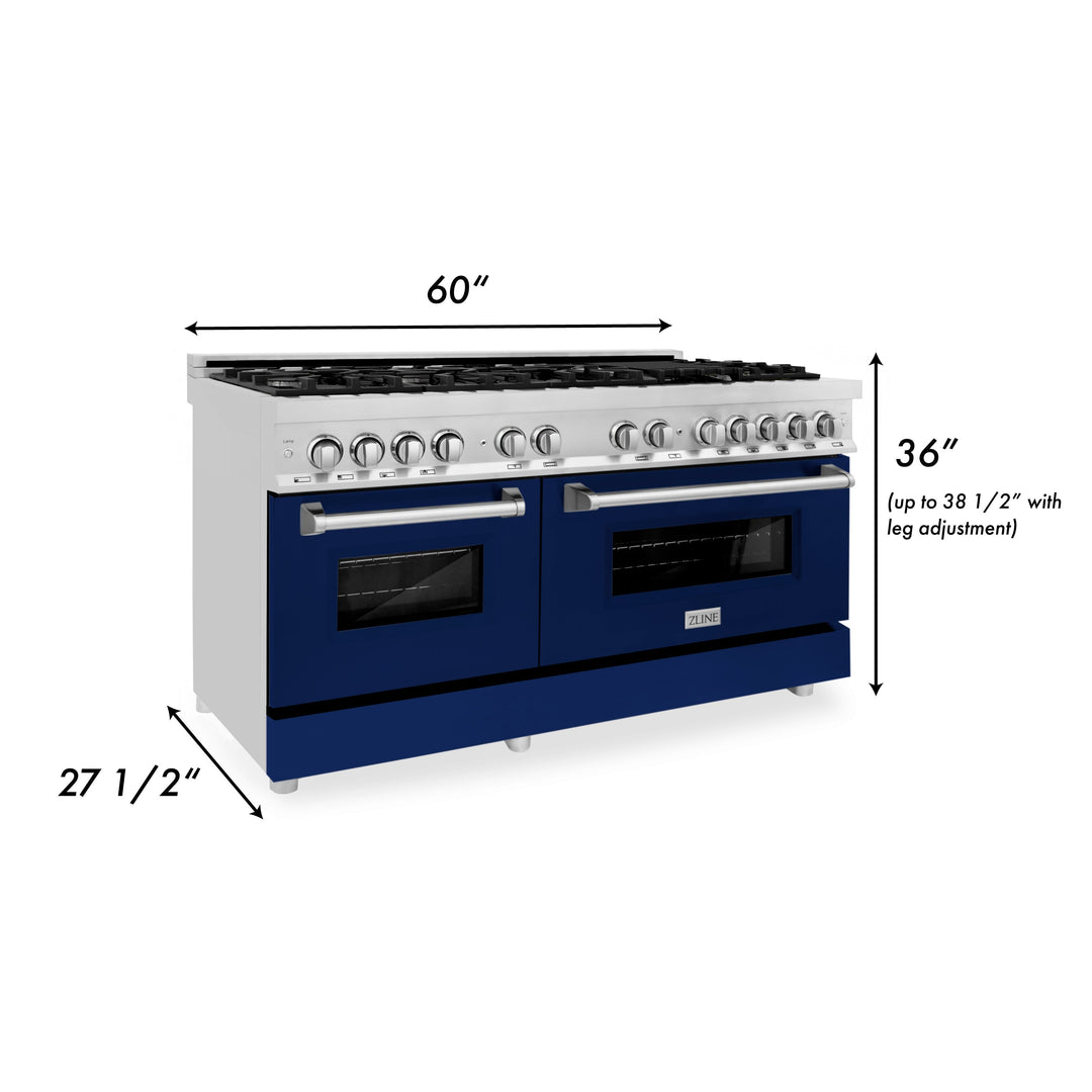 ZLINE 60 In. Professional Dual Fuel Range in Stainless Steel with Blue Gloss Door, RA-BG-60