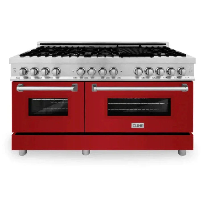 ZLINE 60 In. Professional Dual Fuel Range in Stainless Steel with Red Gloss Door, RA-RG-60