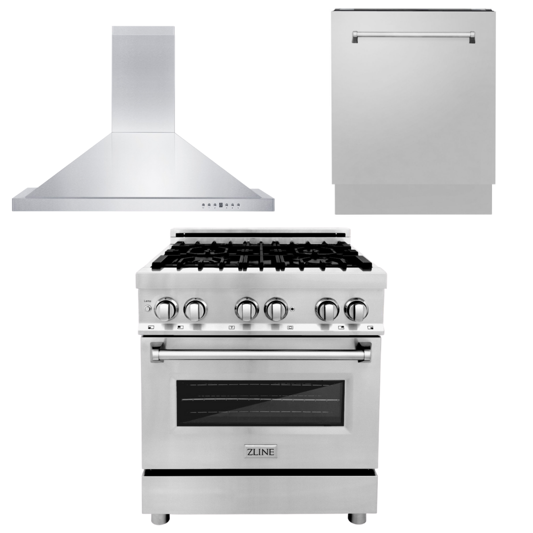 ZLINE Appliance Package - 30 in. Dual Fuel Range, Range Hood, 3 Rack Dishwasher, 3KP-RARH30-DWV