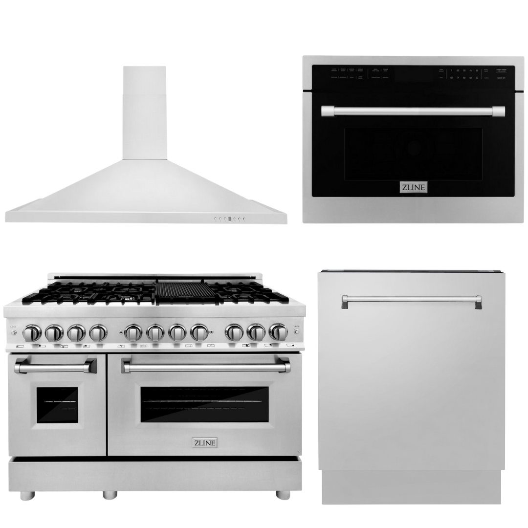 ZLINE Appliance Package - 48 In. Dual Fuel Range, Range Hood, Microwave Oven, 3 Rack Dishwasher, 4KP-RARH48-MODWV