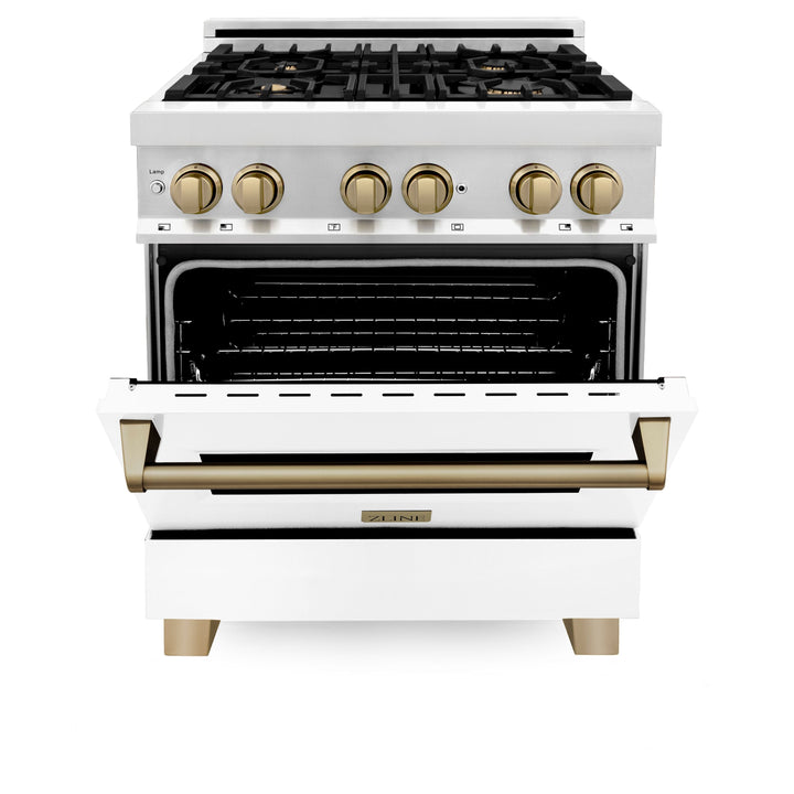 ZLINE Autograph 30" 4.0 cu. ft. Dual Fuel Range with White Matte Door and Bronze Accents, RAZ-WM-30-CB