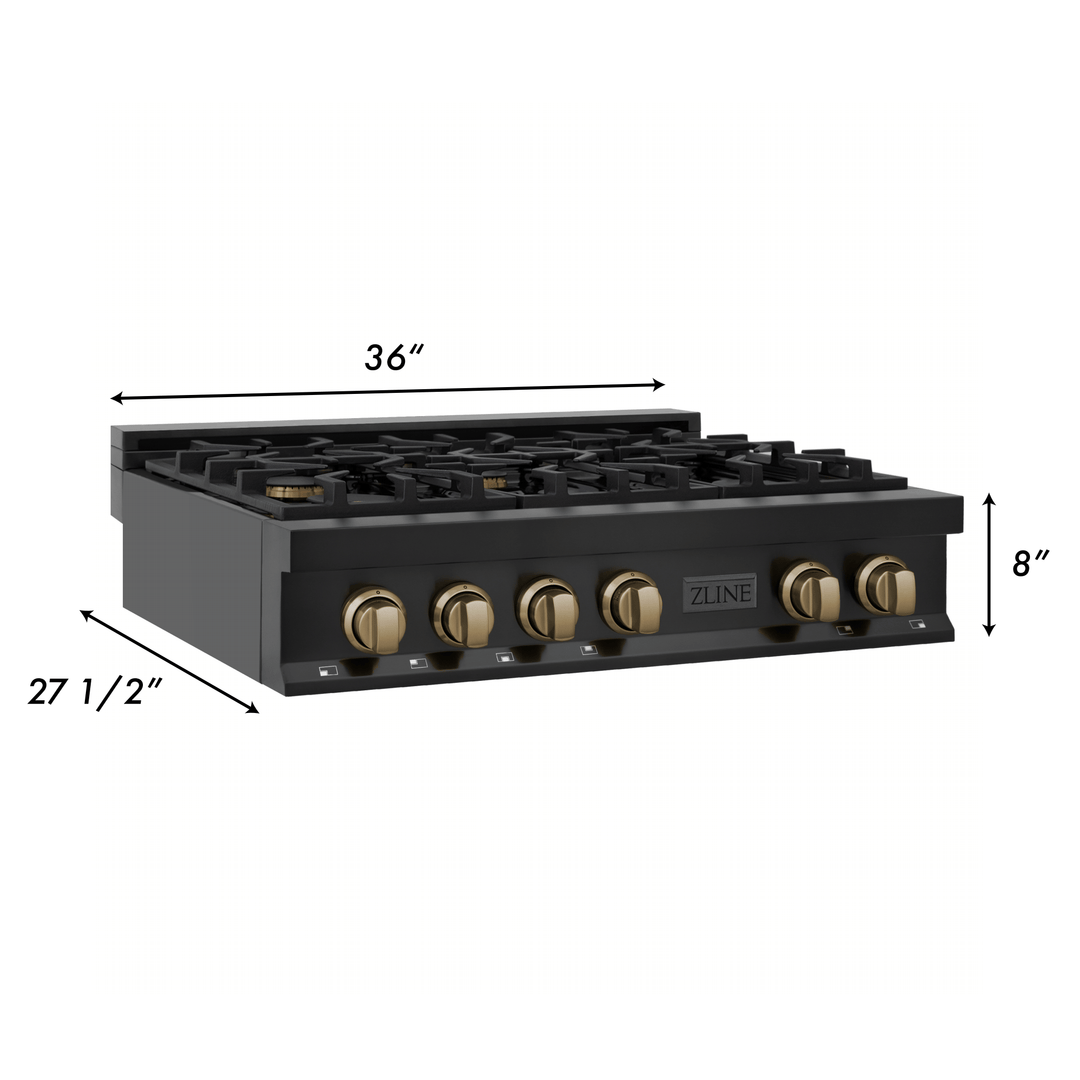 ZLINE Autograph Edition 36 Inch Gas Rangetop in Black Stainless Steel and Champagne Bronze Accents, RTBZ-36-CB