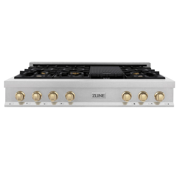 ZLINE Autograph Edition 48" Porcelain Rangetop with 7 Gas Burners in DuraSnow® Stainless Steel and Gold Accents, RTSZ-48-G