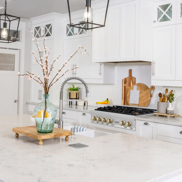 ZLINE Autograph Gold Package - 36" Rangetop, 36" Range Hood, Dishwasher, Refrigerator with External Water and Ice Dispenser