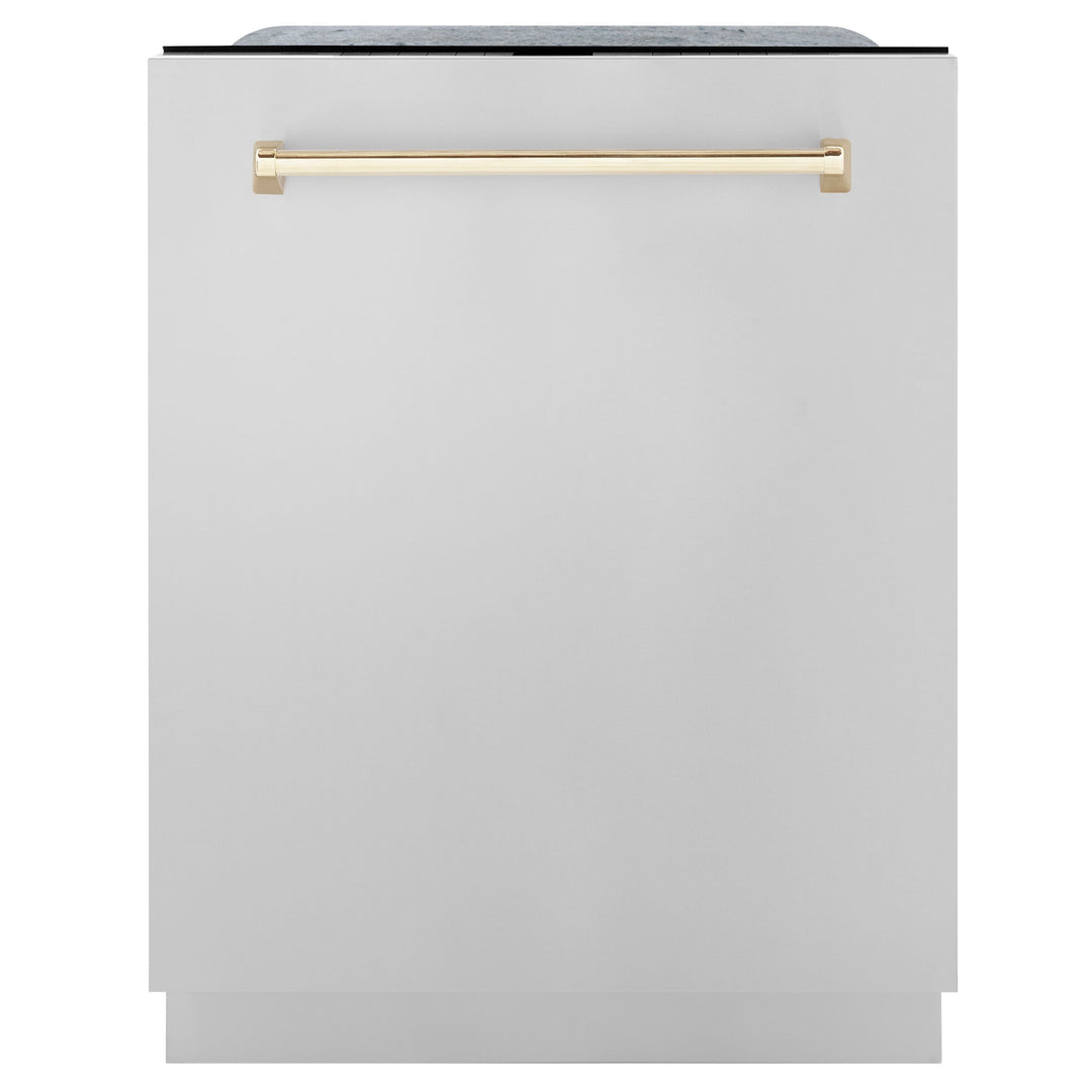 ZLINE Autograph Package - 36" Gas Range, Range Hood, Refrigerator with Water & Ice Dispenser, Dishwasher with Gold Accents
