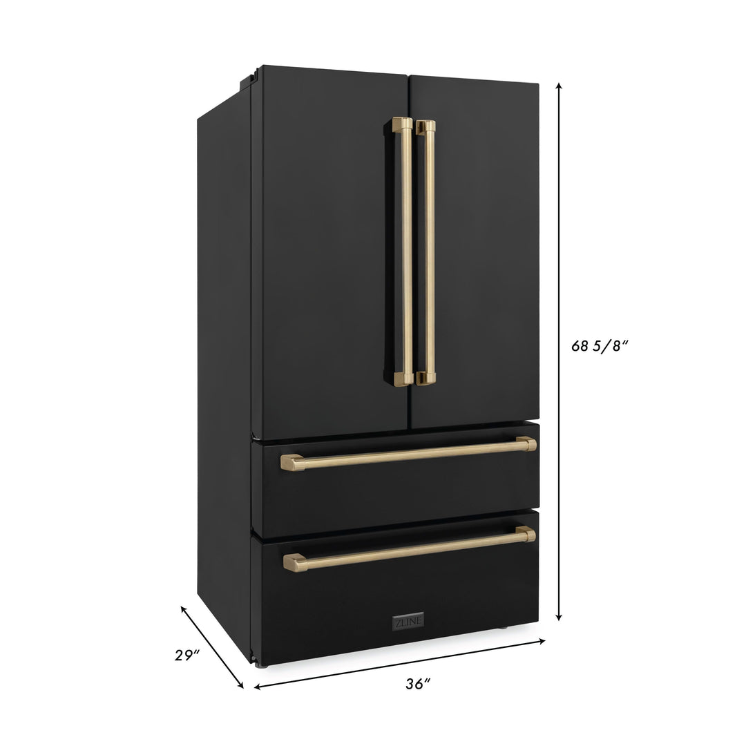 ZLINE Autograph Package - 48" Dual Fuel Range, Range Hood, Refrigerator, Dishwasher in Black Stainless, Bronze Accents