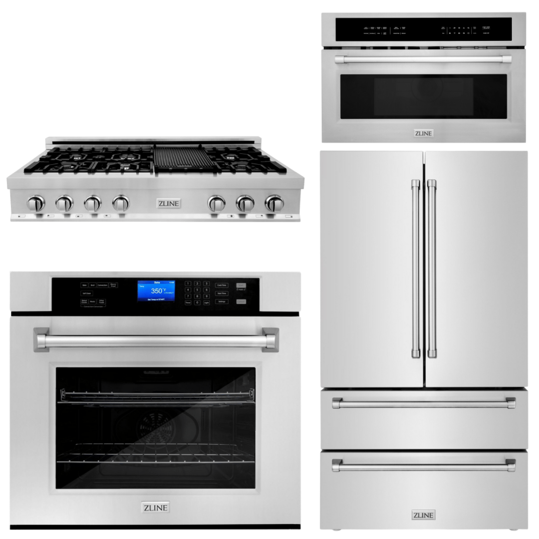 ZLINE 4-Piece Appliance Package - 48 In. Rangetop, Wall Oven, Refrigerator, and Microwave Oven in Stainless Steel, 4KPR-RT48-MWAWS