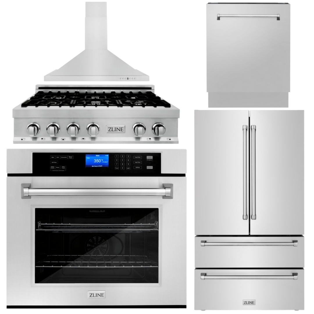 ZLINE 5-Piece Appliance Package - 36 In. Gas Rangetop, Range Hood, Refrigerator, Dishwasher and Wall Oven in Stainless Steel, 5KPR-RTRH36-AWSDWV