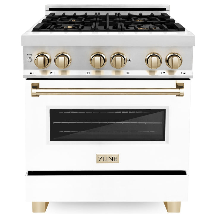 ZLINE Autograph 30" 4.0 cu. ft. Dual Fuel Range with White Matte Door and Gold Accents, RAZ-WM-30-G