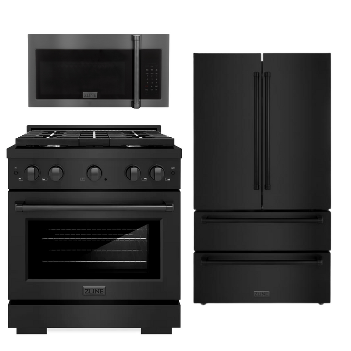 ZLINE Appliance Package - 30 in. Gas Range, Microwave, Refrigerator in Black Stainless, 3KPR-SGRBOTRH30