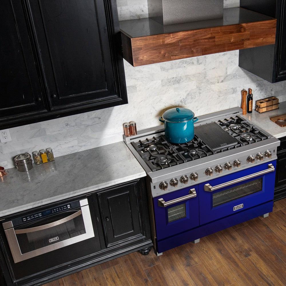 ZLINE 48 in. 6.0 cu. ft. Legacy Dual Fuel Range with 7 Burner Gas Cooktop and 2 Electric Ovens in Satin Stainless Steel and Blue Gloss Doors (RAS-BG-48)