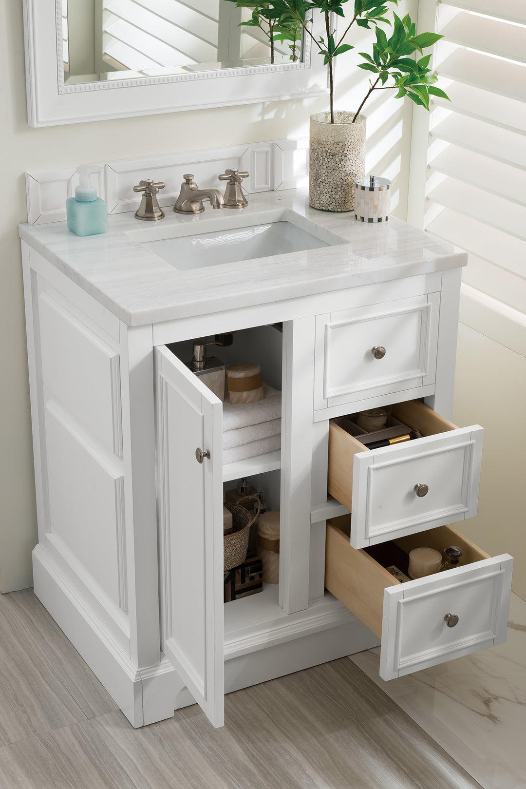 De Soto 30" Single Vanity, Bright White w/ 3 CM Arctic Fall Solid Surface Top