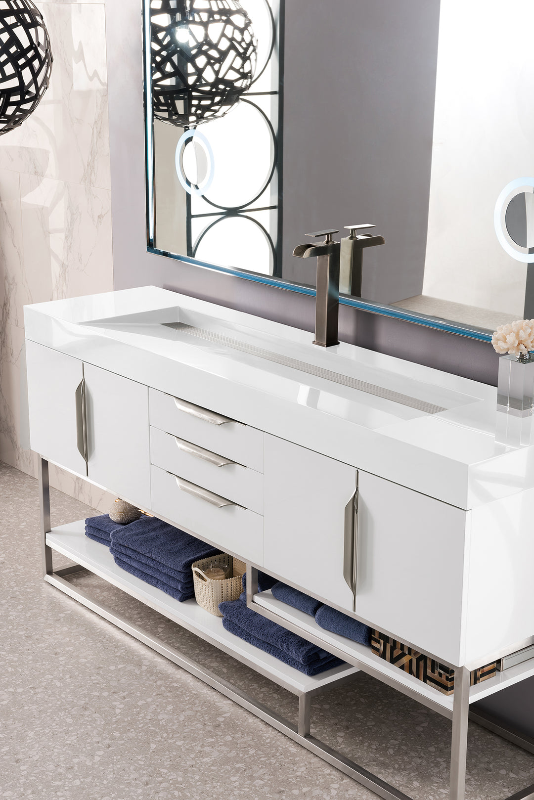 Columbia 72" Single Vanity, Glossy White, Brushed Nickel w/ Glossy White Composite Stone Top