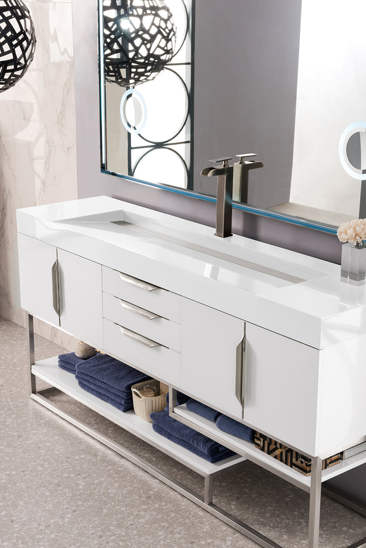 Columbia 72" Single Vanity, Glossy White, Brushed Nickel w/ Glossy White Composite Stone Top