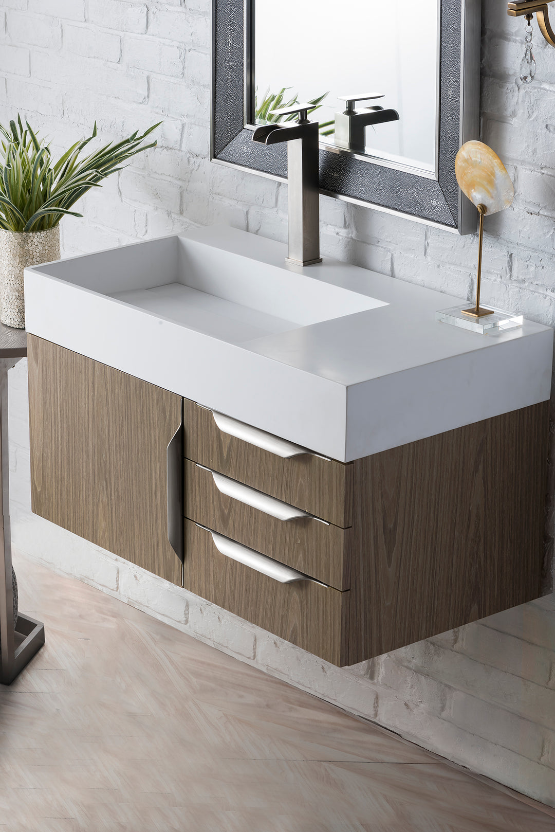 Columbia 36" Single Wall Mount Vanity, Ash Gray, Brushed Nickel w/ Glossy White Composite Stone Top