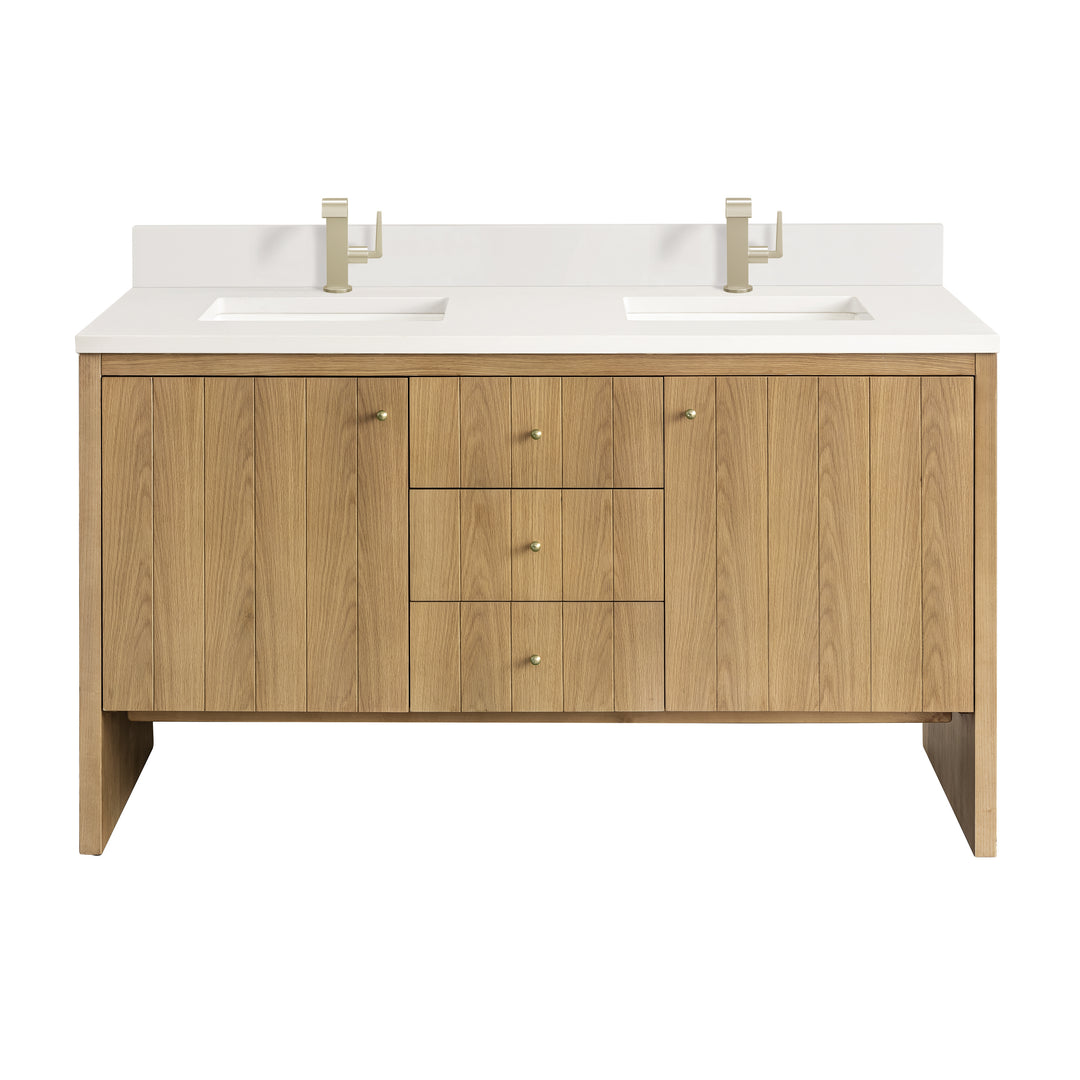 Hudson 60" Double Vanity, Light Natural Oak w/ Single Hole 3 CM White Zeus Top & Backsplash