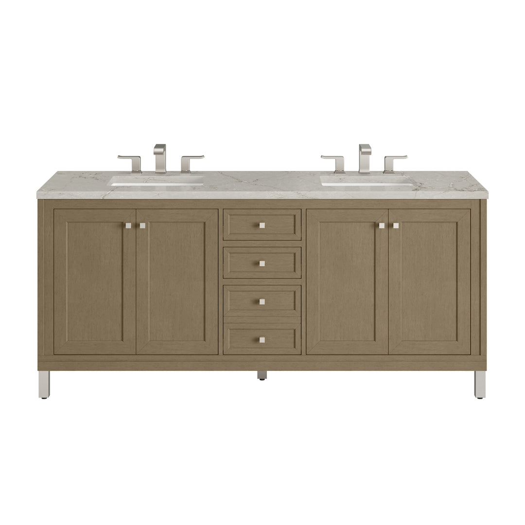 Chicago 72" Double Vanity, Walnut Whisper, w/ 3 CM Victorian Silver Silestone® Top