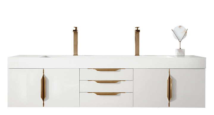 Columbia 72" Double Wall Mount Vanity, Glossy White, Radiant Gold w/ Glossy White Composite Stone Top