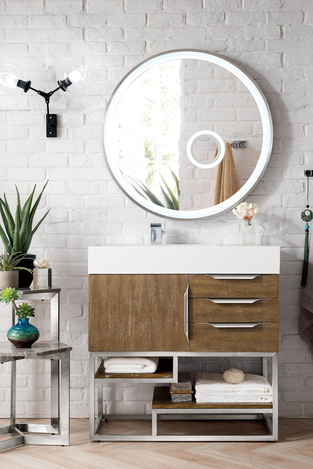 Columbia 36" Single Vanity, Latte Oak, Brushed Nickel w/ Glossy White Composite Stone Top
