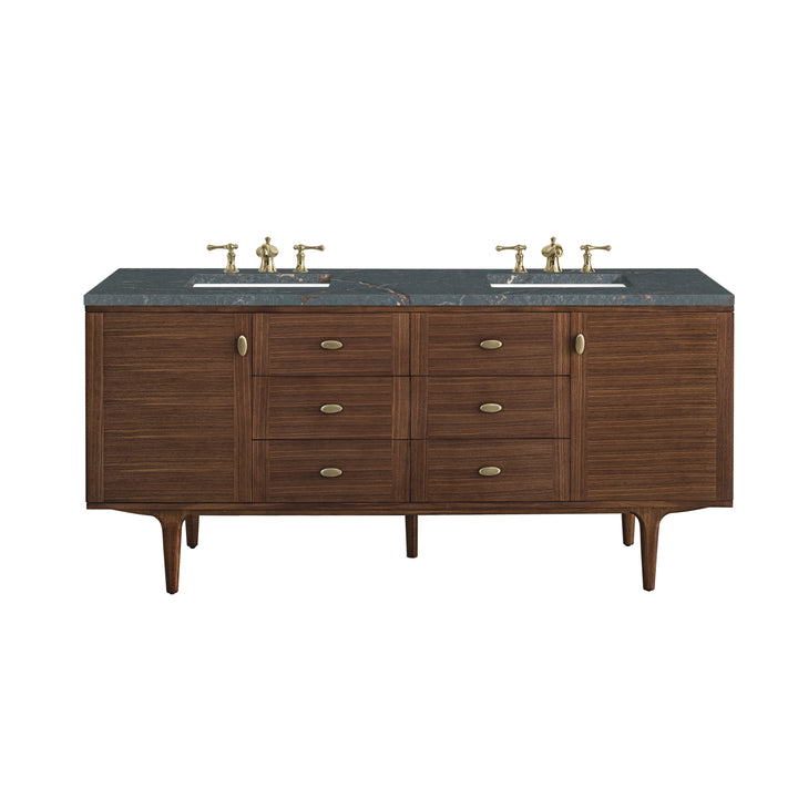 Amberly 72" Double Vanity, Mid-Century Walnut w/ 3 CM Parisien Bleu Top