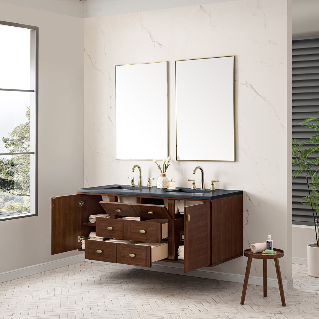 Amberly 60" Double Vanity, Mid-Century Walnut w/ 3 CM Charcoal Soapstone Top