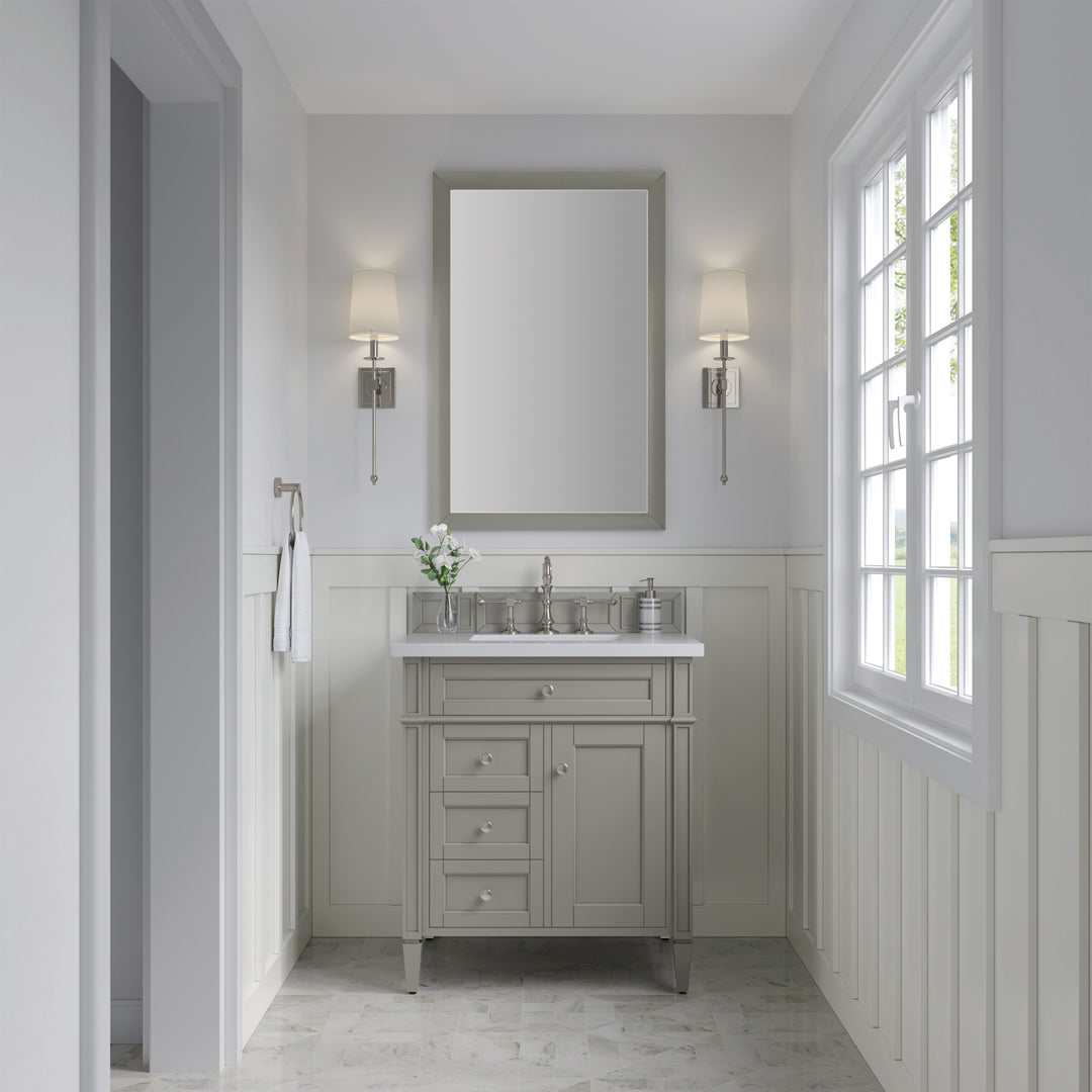 Brittany 30" Single Vanity, Urban Gray, w/ 3 CM White Zeus Silestone Top