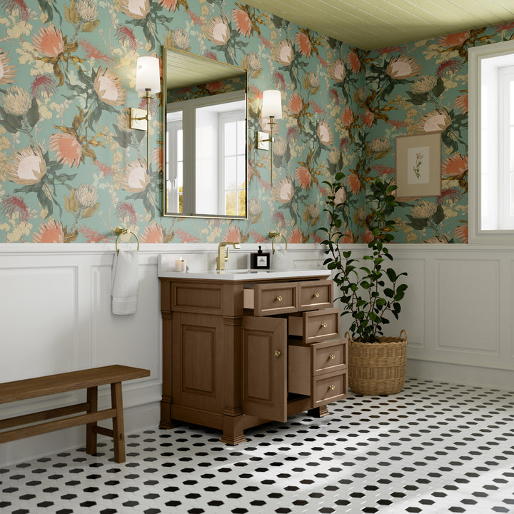 Brookfield 36" Single Vanity, Pecan w/ Single Hole 3CM White Zeus Silestone® Top & Backsplash