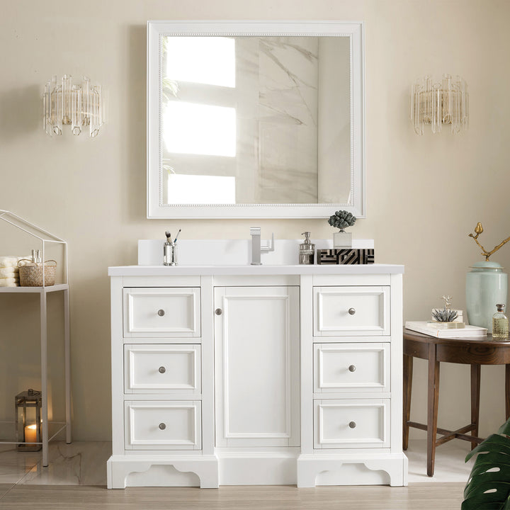 De Soto 48" Single Vanity, Bright White w/ Single Hole 3 CM White Zeus Silestone Top & Backsplash