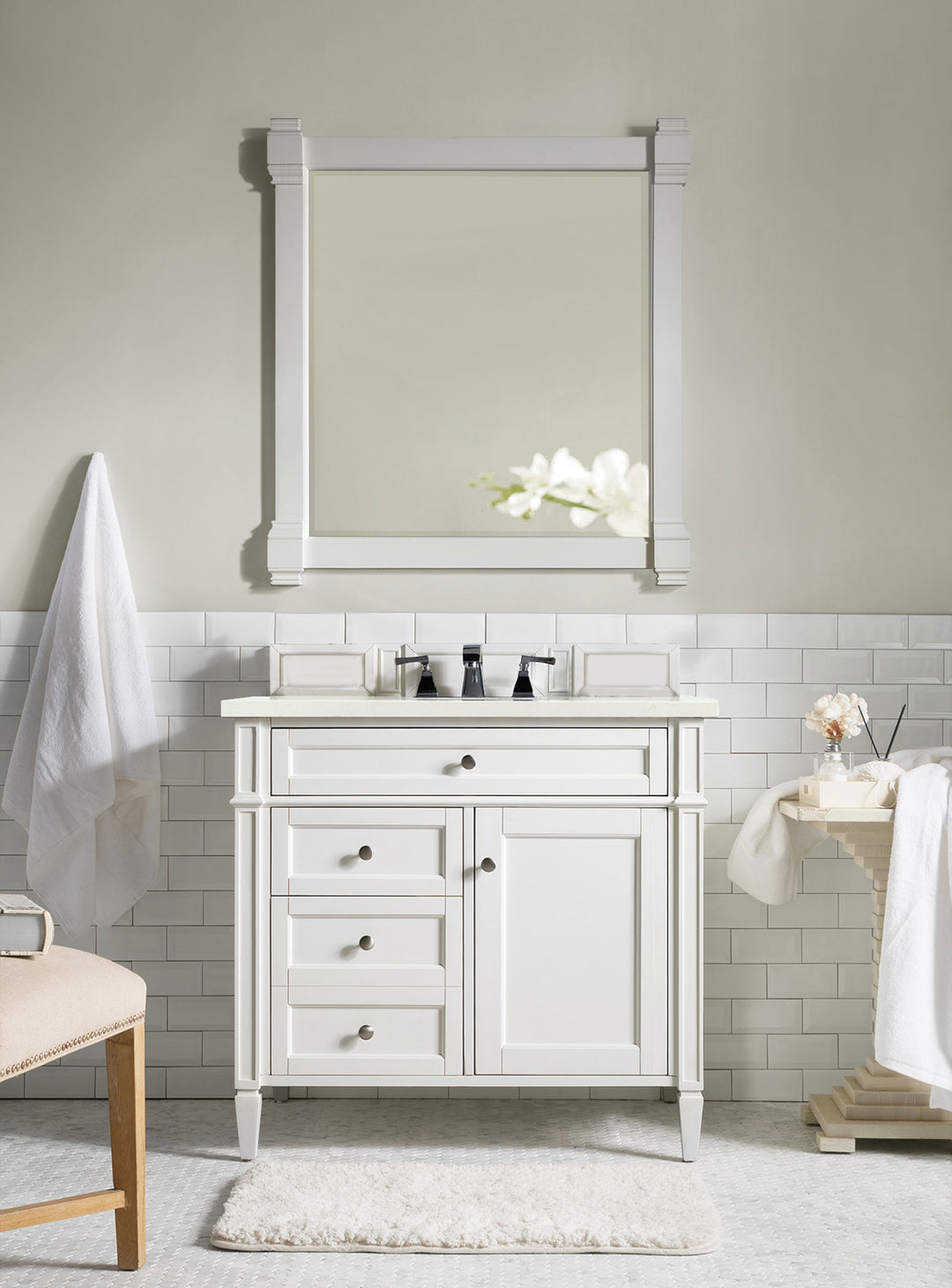 Brittany 36" Single Vanity, Bright White w/ 3 CM Eternal Marfil Silestone Top