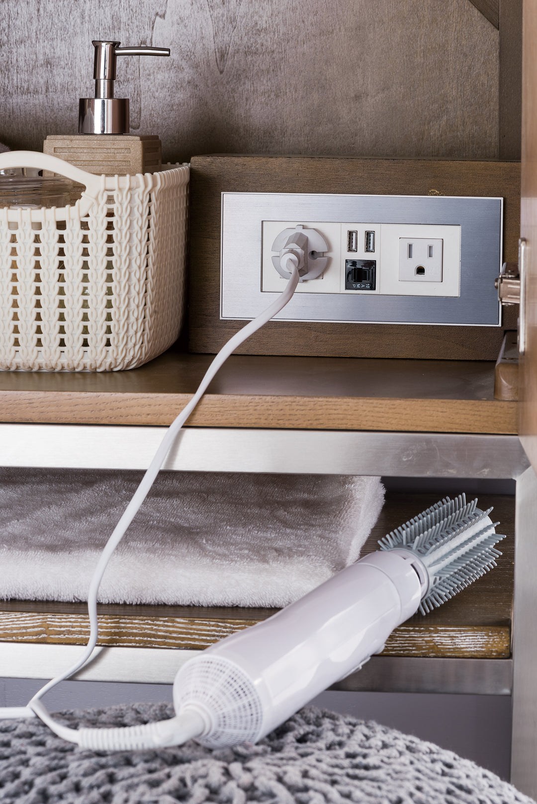 Columbia 72" Double Vanity, Latte Oak, Brushed Nickel w/ Glossy White Composite Stone Top