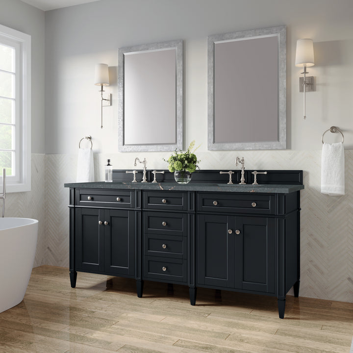 Brittany 72" Double Vanity, Black Onyx w/ 3 CM Parisien Bleu Silestone Top