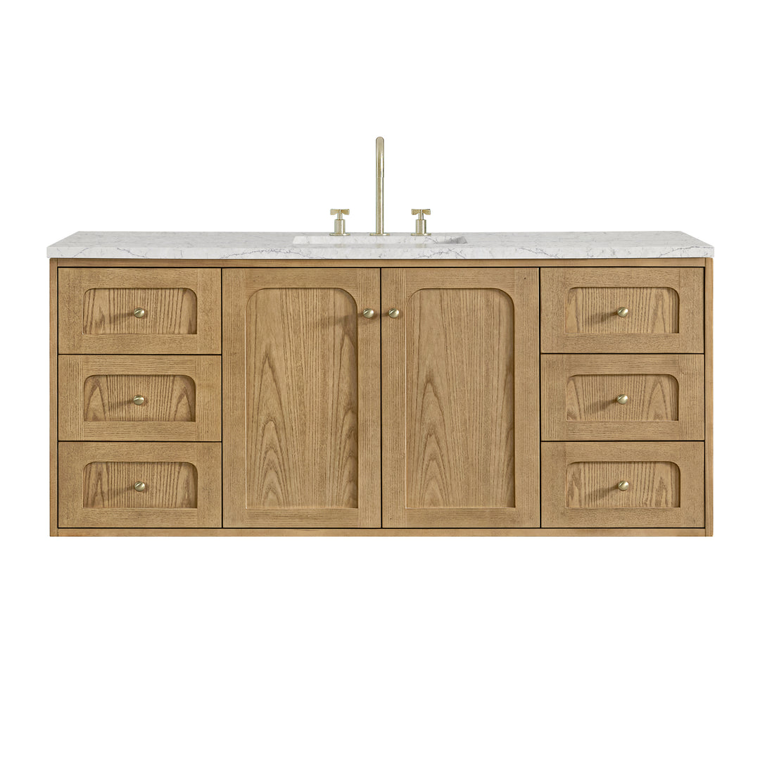 Laurent 60" Single Vanity, Light Natural Oak, w/ 3 CM Eternal Jasmine Pearl Quartz Top