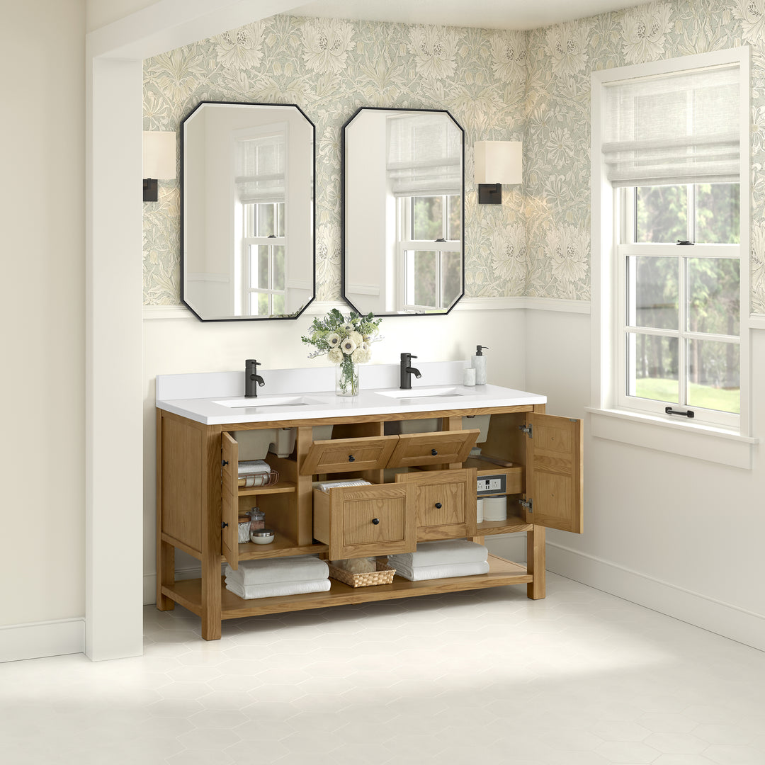 Breckenridge 60" Double Vanity, Light Natural Oak, w/ Single Hole 3 CM White Zeus Quartz Top & Backsplash