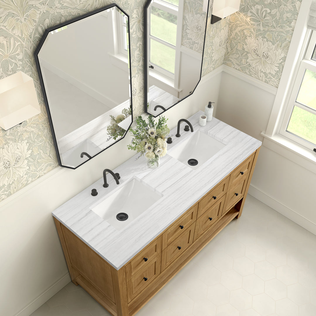 Breckenridge 60" Double Vanity, Light Natural Oak, w/ 3 CM Arctic Fall Solid Surface Top
