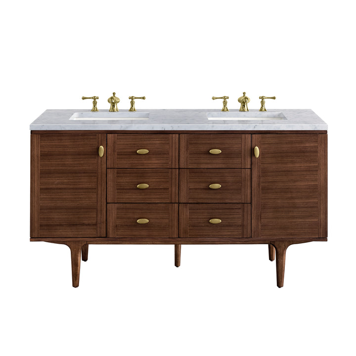 Amberly 60" Double Vanity, Mid-Century Walnut w/ 3 CM Carrara Marble Top